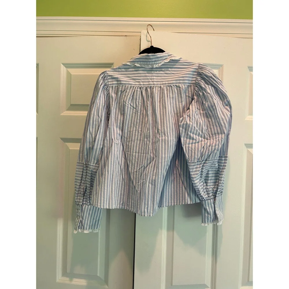 Free People Happy Days Pullover Blouse Striped‎ Oversized Collar Blue Size S